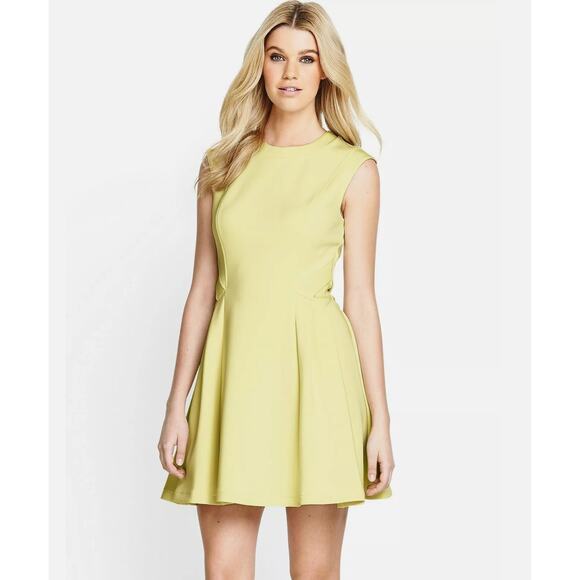 TED BAKER Nistee Skater Dress Cap Sleeve High Neck Pleat Lemon Women's 1 US4 - Picture 2 of 13
